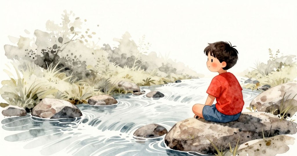 Marco坐在流淌溪水旁的平滑巨石上,好奇地凝視著水中舞動的光影,心情平靜而溫暖,展現自然美景。