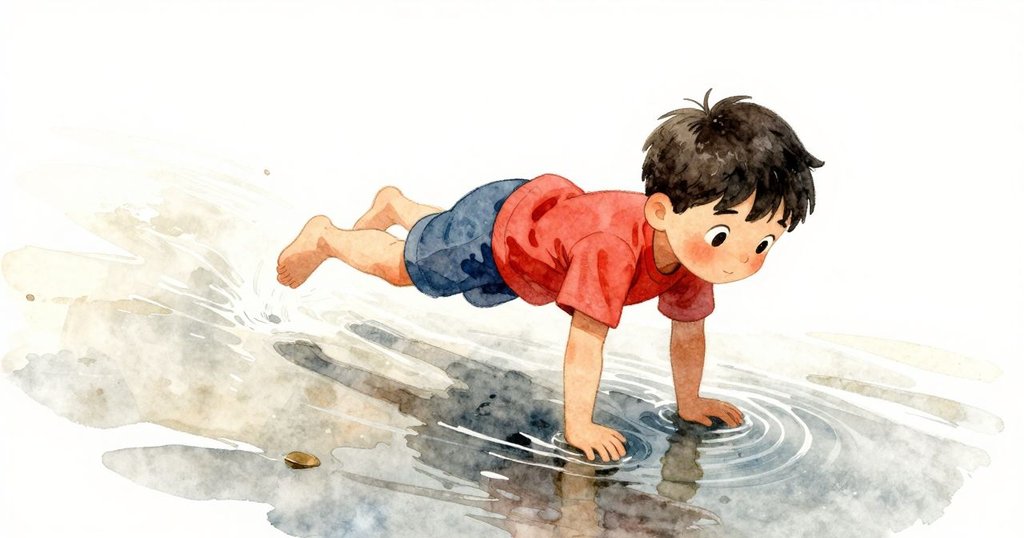 Marco注視著水面上優雅滑行的昆蟲,水紋在斜角中流動,充滿生動與詩意,展現自然妙趣。