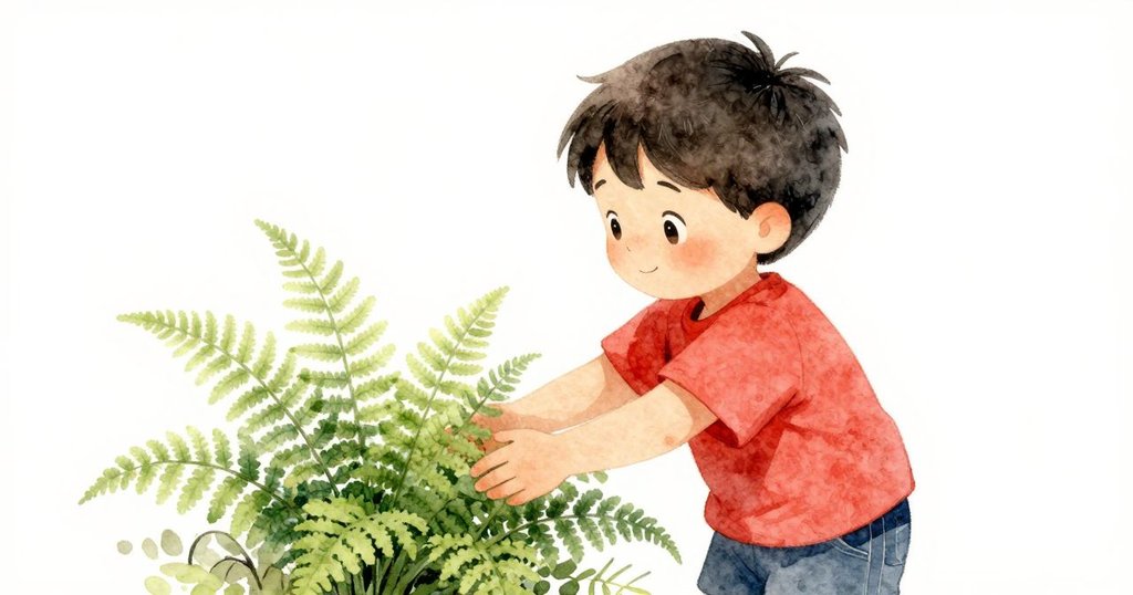 Marco伸手觸摸柔軟翠綠的蕨葉,置身微光森林中,神情專注,感受大自然溫柔撫慰與清新氣息。