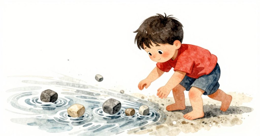 Marco低頭注視鞋旁觸碰的正方小石子,被流水輕柔帶走,動作瞬間生動展現驚喜與自然流動感。