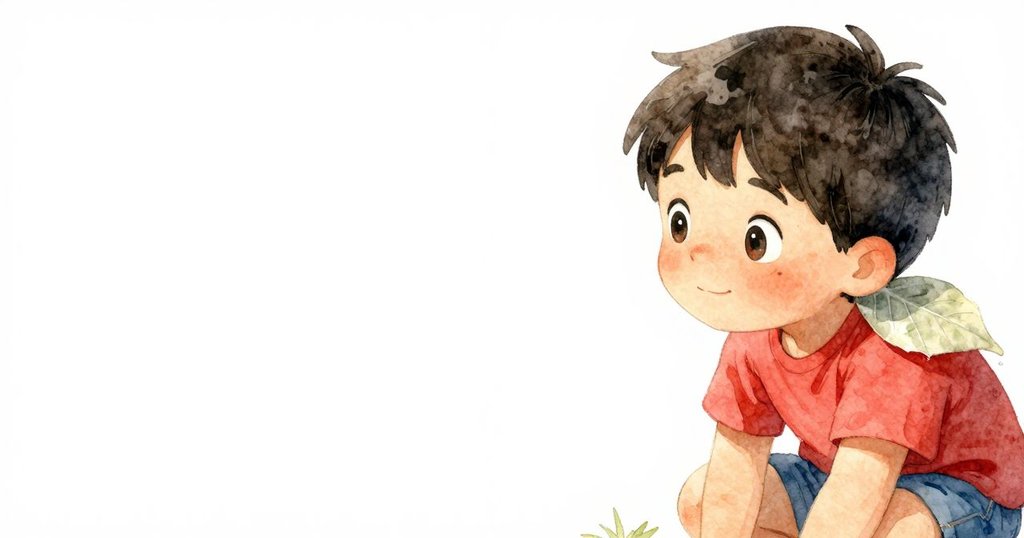 Marco抬頭細看肩上落下的淡色樹葉,水面上昆蟲回現,神情充滿驚奇與沉思,展露大自然悅耳細節。