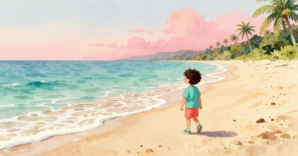 哈里斯在海邊漫步,站在潮池旁,溫暖的陽光灑在沙灘上,神情平靜與期待。