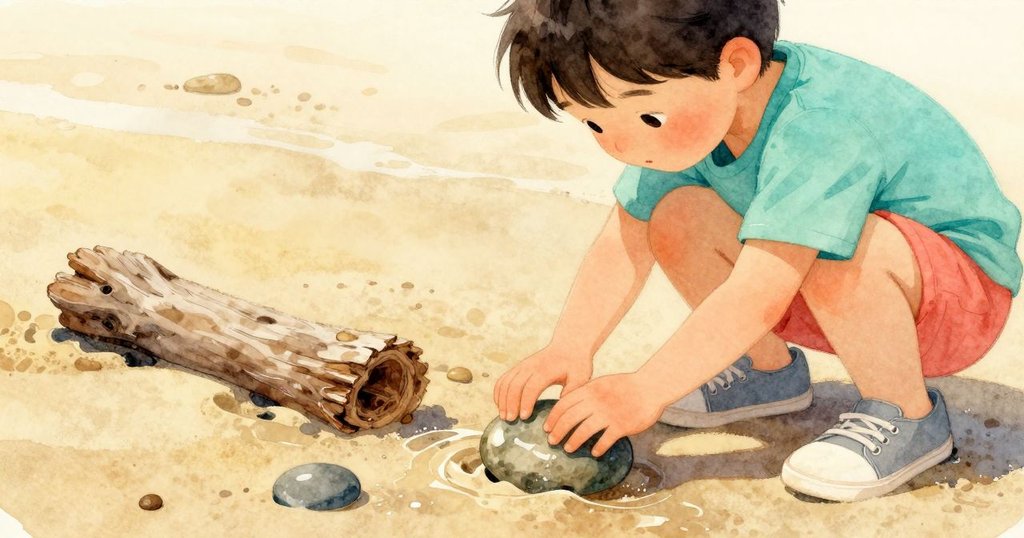 哈里斯蹲下身子,在濕沙上輕輕敲擊一顆閃亮卵石,旁有漂流木,展現細膩互動。