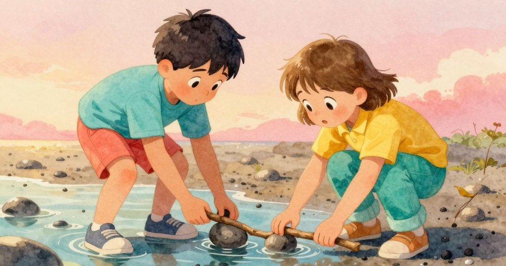 從高處俯瞰,兩個男孩在潮池旁合作,哈里斯正努力拔出卵石,弗雷澤則小心滑入平木,充滿協作之情。