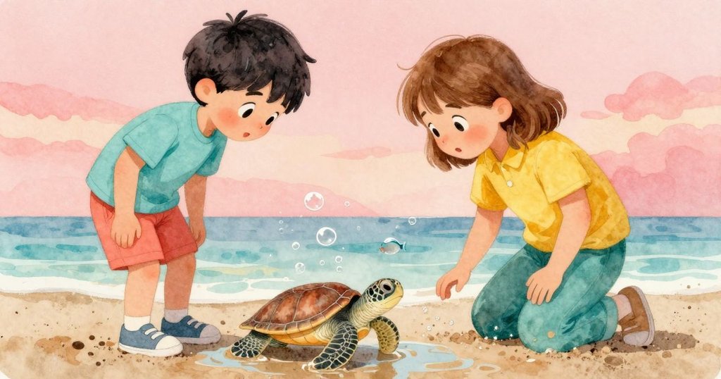 微小烏龜從濕沙中露出身形,周遭氣泡輕舞,有銀色小魚旁伴,展現奇妙新生瞬間。