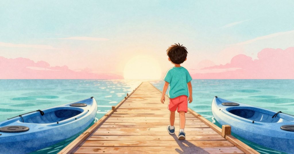 哈里斯走上木質棧道,旁邊停著藍色皮划艇,朝著光明的地平線前行,展現新旅程的希望。