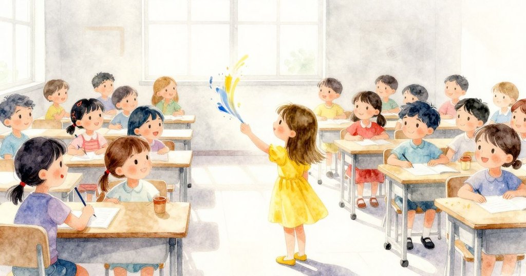 菲比站在桌旁凝視變化的畫筆痕跡，背景中有其他孩子在安靜學習，整個教室充滿創意與活力。