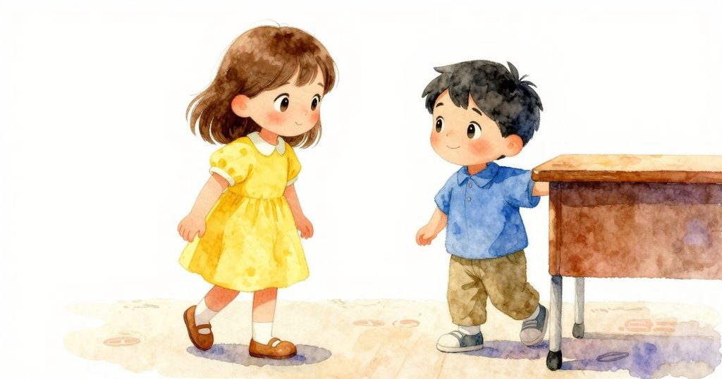 菲比向桌子走去，小腳印在光滑的地面上清晰可見，展現她求知的步伐與好奇心。