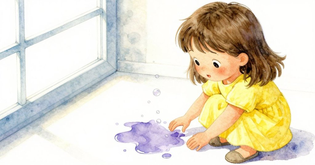 從高處俯視，菲比微微低頭仔細觀察濕潤紫色線條邊緣跳動的細小氣泡，臉上滿是好奇與專注。