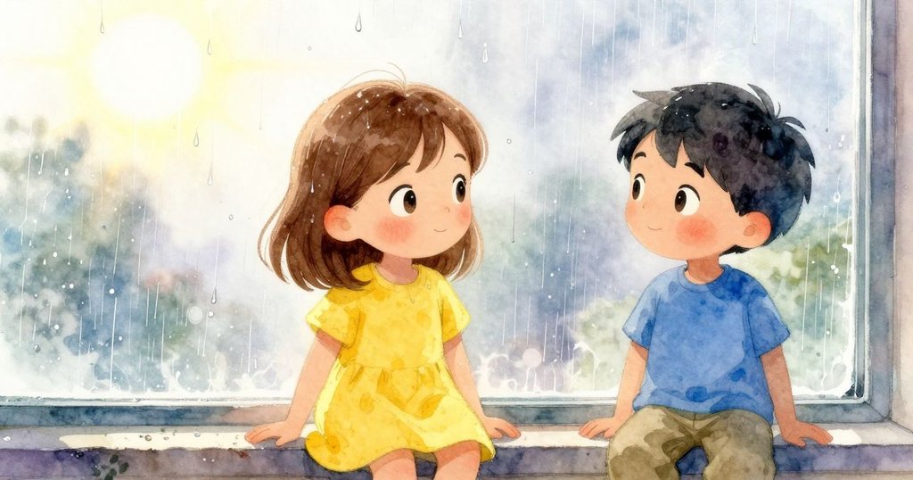 窗外兩滴雨水在柔和的陽光下緩緩匯聚融合，形成一條小河般的水跡，營造出夢幻而寧靜的氛圍。