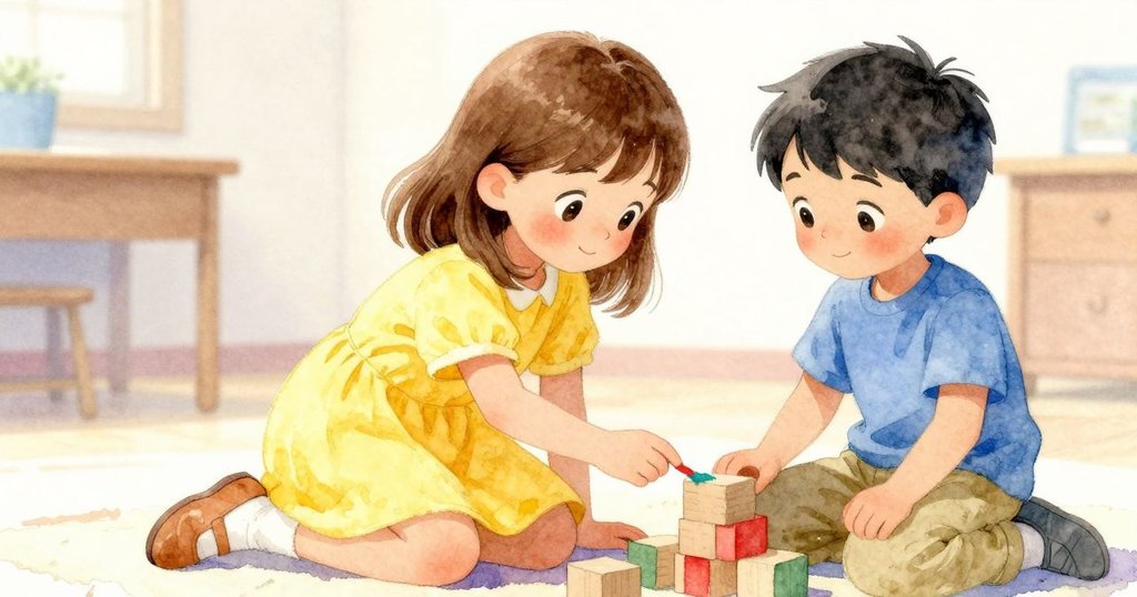 菲比與弟弟在教室裡溫柔互動，一邊注視變色畫筆，一邊仔細數著紙板城堡的積木，展現出共享創意的情誼。