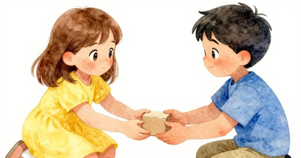 菲比溫柔地將一塊紙板積木遞給弟弟，臉上洋溢著同心協力的柔和笑容，展現出共享創造力的溫馨時刻。