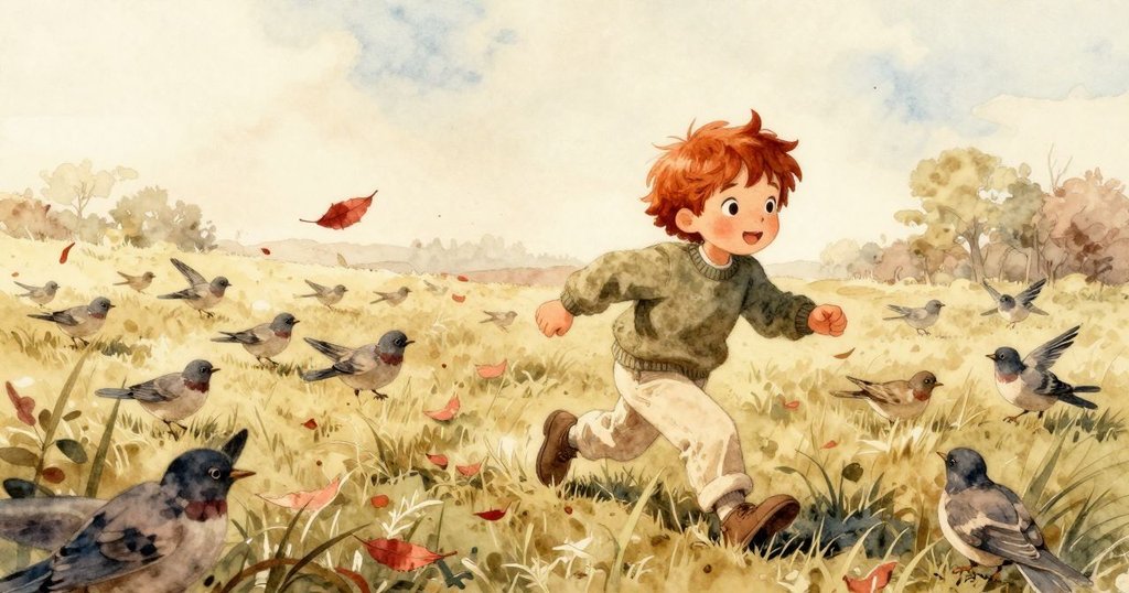 卡勒姆在清晨追逐旋轉紅葉，周圍有飛舞的小鳥和高高的草叢，背景籬笆展現活力與自然之美