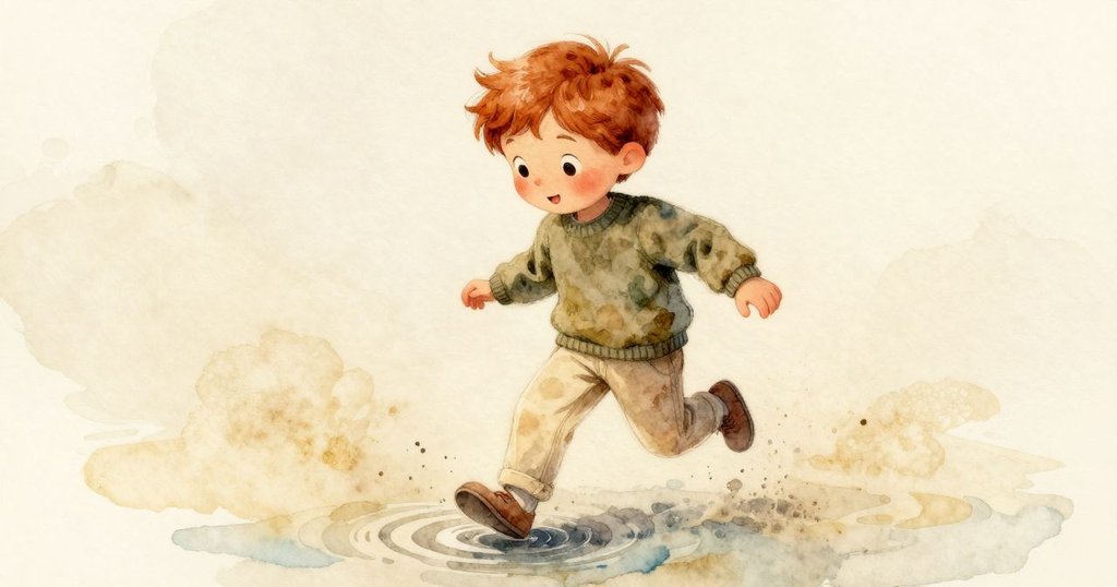 卡勒姆沿著濕潤的小徑前行，腳步印記清晰可見，水坑中漣漪蕩漾，紅葉在旁展現奇妙旅程