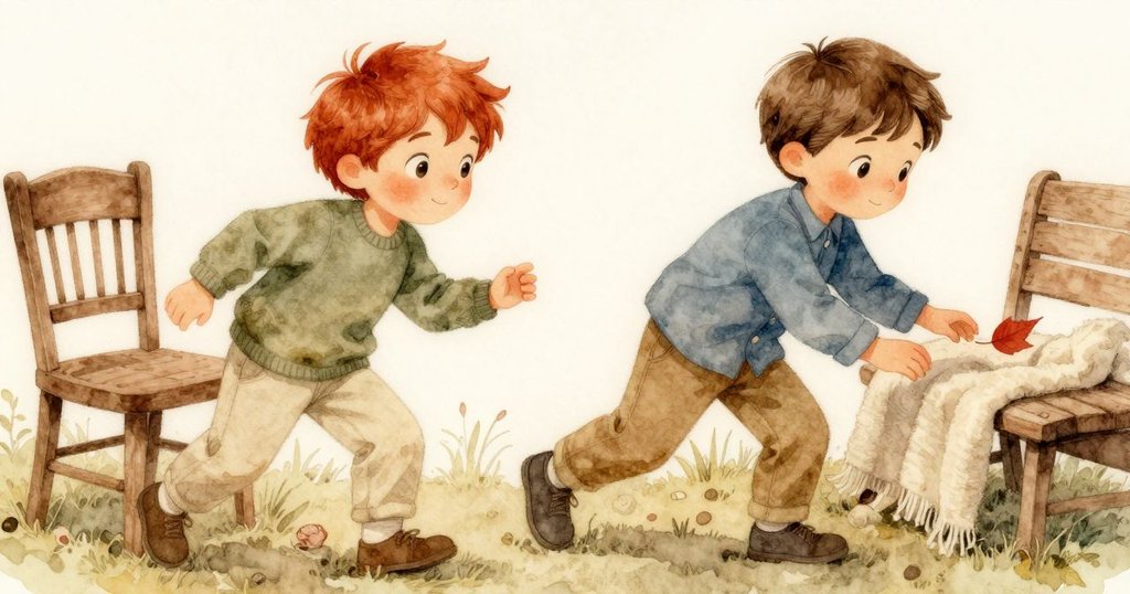 在傾斜角度下，紅葉優雅地滑過木椅，移向覆蓋厚毯的長椅，畫面散發奇趣與溫暖感