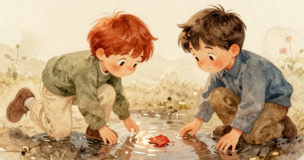 水坑中近距離展現漣漪倒影，紅葉清晰映出，閃爍的水珠在柔光中熠熠生輝，充滿神秘美感