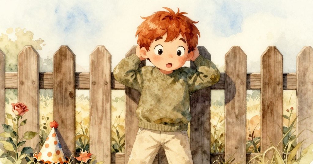 卡勒姆停在木籬笆旁，臉上流露著好奇與微妙掙扎，凝神傾聽遠處滴水聲，旁邊散落派對帽和紅葉，情感細膩