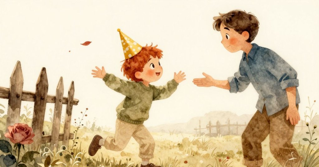 溫暖晨光中，成人人向卡勒姆輕聲問候早安，卡勒姆身旁有明亮派對帽和飄動紅葉，籬笆背景寓意著希望與新開始