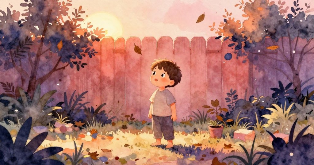 克萊德站在清晨後花園的柵欄旁,注視著落下的濕葉,表情專注,氛圍清新且溫暖