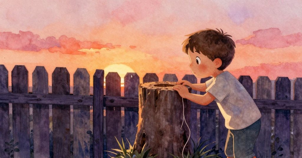 克萊德側身靠向柵欄上的小洞口,觀察懸垂的廢棄線條,神情好奇,背景細膩呈現晨光