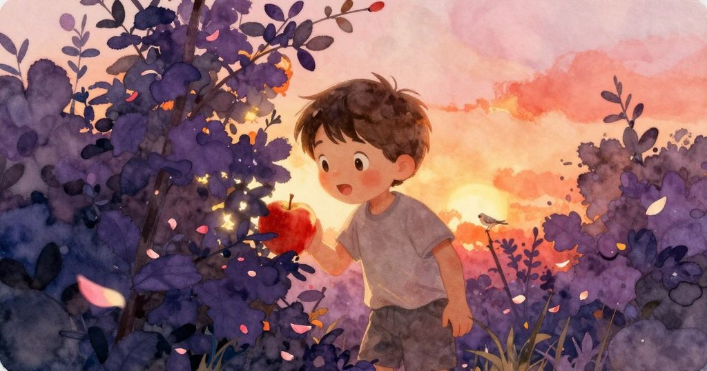 克萊德透過洞口看見綠草、明亮花瓣與閃耀紅蘋果,同時有小鳥在旁啁啾,臉上充滿驚喜