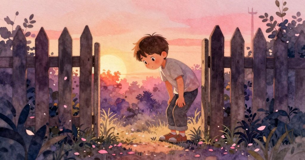 克萊德從高處俯瞰花園,低身探入大開的柵欄縫隙,花瓣散落於曲折小徑上,畫面柔和