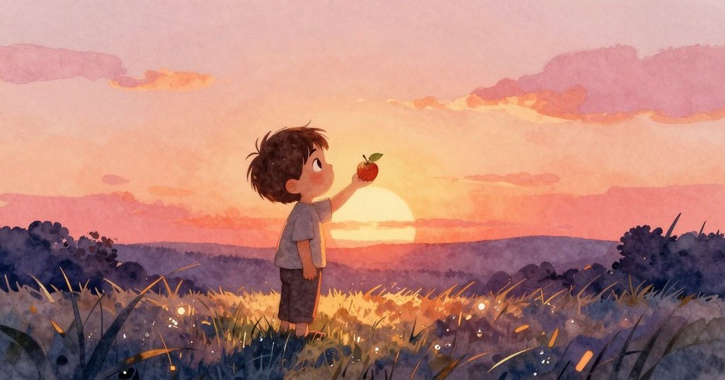 夕陽餘暉中,蘋果停靠在泥邊,一片落葉安臥濕草上,克萊德臉上洋溢著平靜滿足的微笑