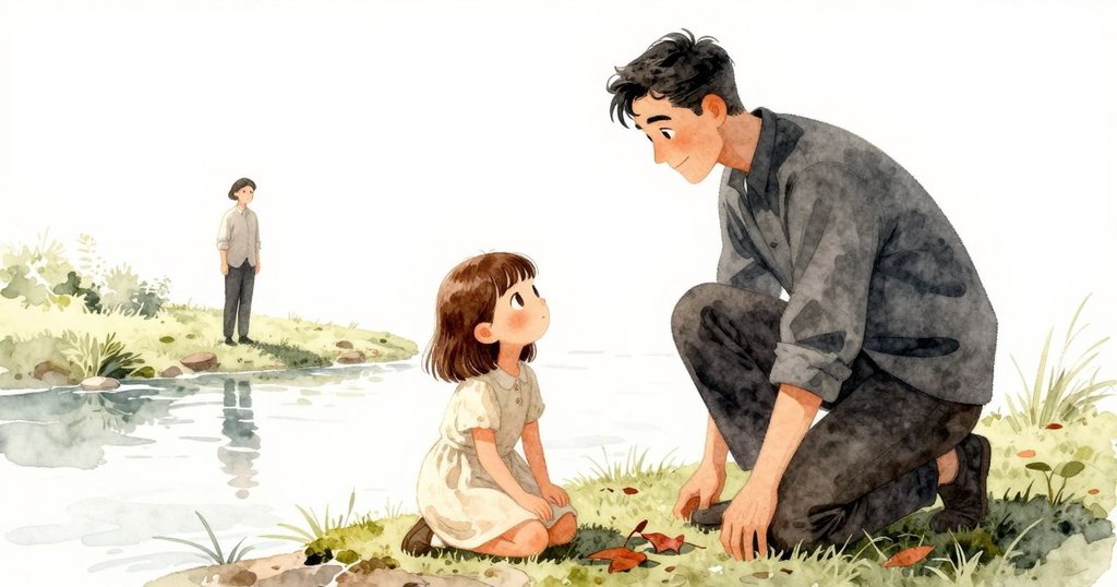 瑪貝爾在苔蘚邊跪坐觀看流水與飄落棕色樹葉，老師看著遠處的鳥群，環境寧靜而溫暖