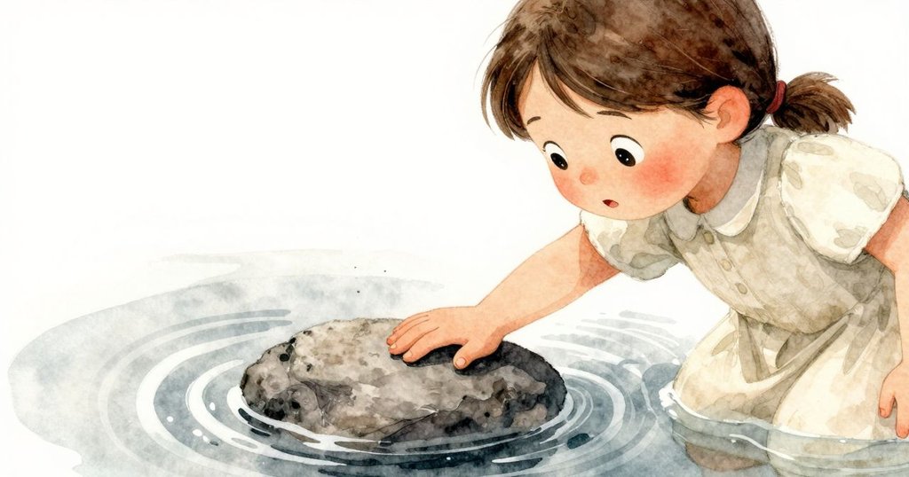 瑪貝爾輕觸堅硬平整的石頭，水中出現一圈圈漣漪，手部細節明顯，環境溫柔自然