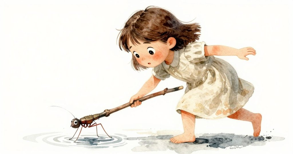 從水黽視角看見瑪貝爾使用分叉木棒輕撥水面，水黽迅速閃避，展現自然界細微動態