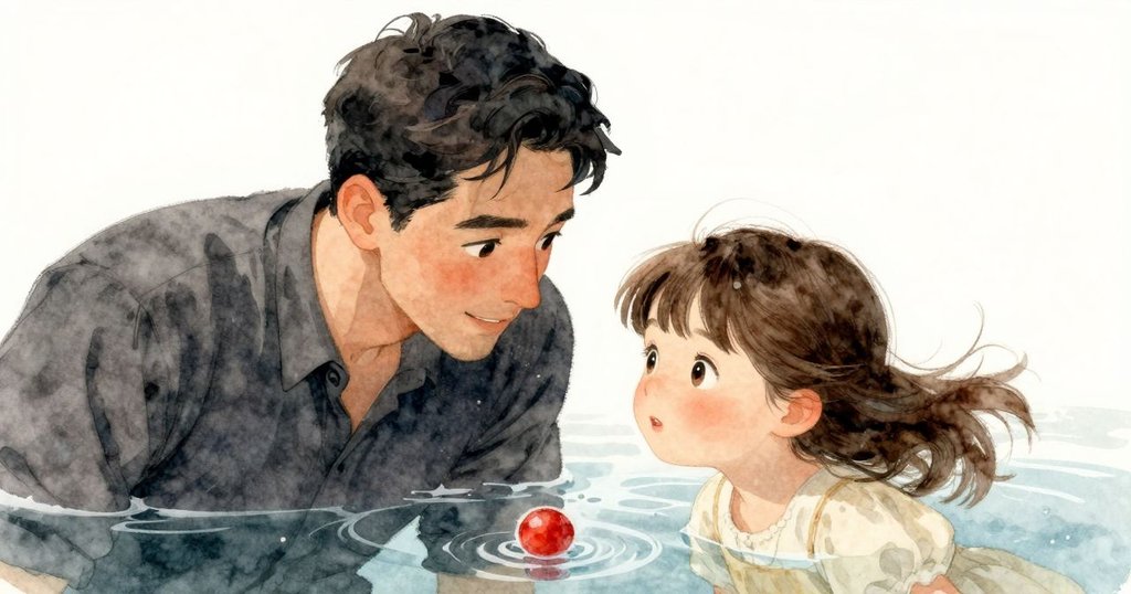 水下清澈景象中，一顆小紅果隨水波輕輕漂浮，漣漪與波浪融合，呈現寧靜氛圍