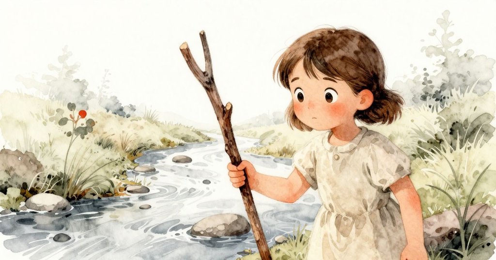 瑪貝爾展現堅定與好奇表情，輕握分叉木棒面對靜謐溪流，情感真摯，背景自然清新