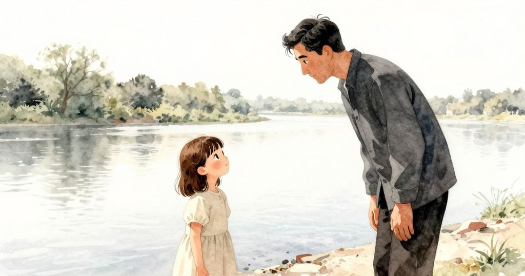 瑪貝爾與老師在溪水邊共享寧靜時刻，彼此凝望交流，環境自然柔和，傳遞理解與和諧