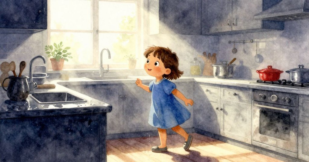 Juno走入廚房，發現濕潤檯面和晨霧瀰漫，柔和光線中展現好奇心，環境充滿期待氛圍