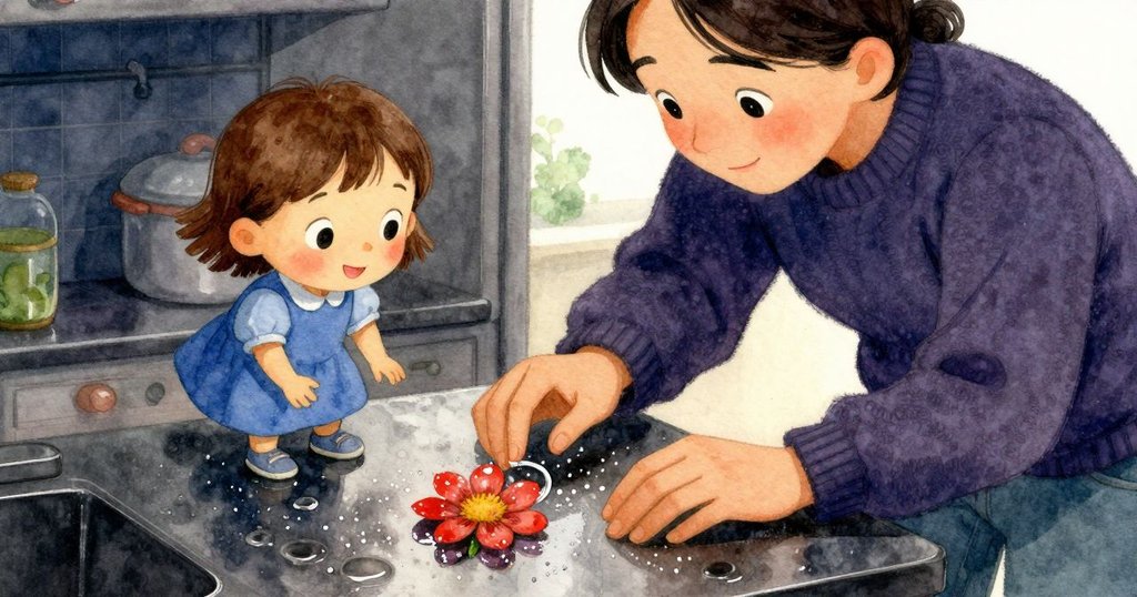 Juno伸出手輕觸檯面上環繞花朵的濕痕，近距離展示糖粒和閃亮禮物盒邊緣的細膩質感