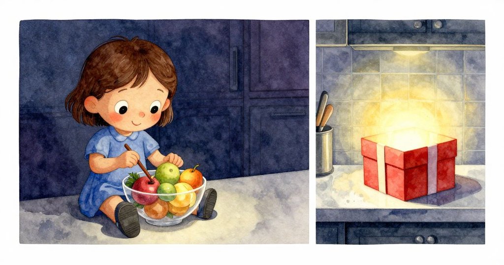 畫面分為兩部分，一邊Juno仔細觀察水果碗，另一邊展示濕潤禮物盒邊緣閃爍細節，帶出探索神秘感