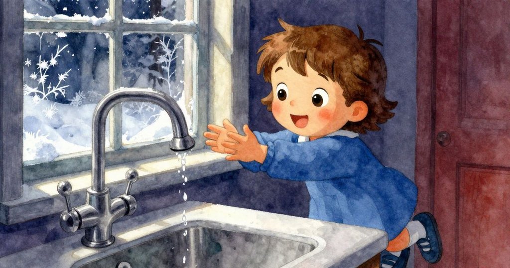 Juno注視水龍頭下新鮮水滴落在金屬上，窗外可見冬日霜凍景象，室內與外季節氛圍交錯