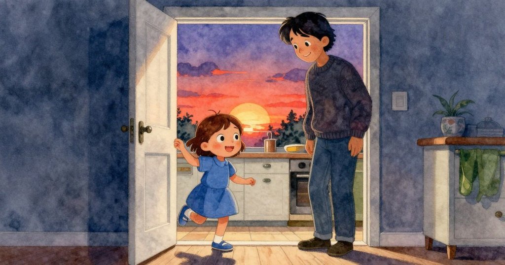 Juno走出廚房，背後成人滿意微笑，夕陽金光灑落，廚房與庭院和諧銜接，展現解決困難後的溫馨結局