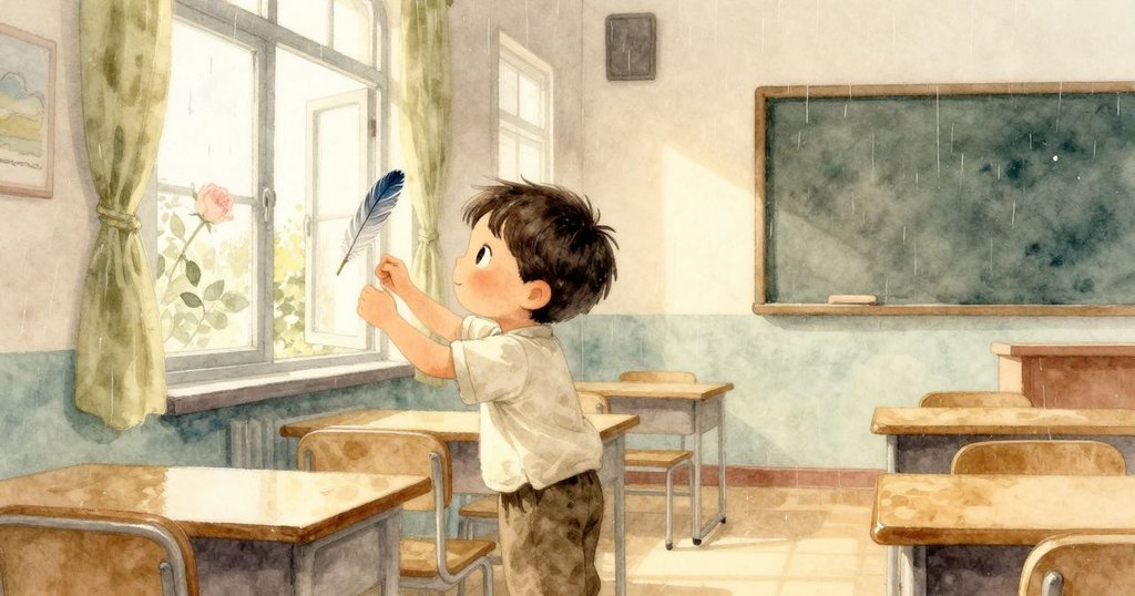 巴西爾在溫馨課堂內注視窗外藍羽毛, 窗戶隨晨霧輕輕搖曳, 雨絲細膩, 表情滿是好奇與驚喜