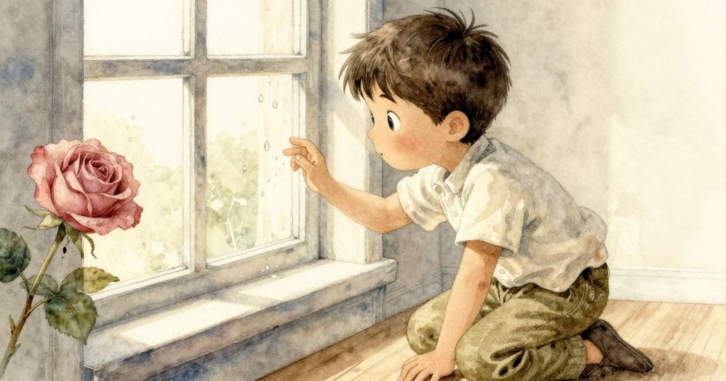 巴西爾蹲在窗邊, 手指輕觸水滴, 目光專注於藍羽毛, 氣氛寧靜且充滿好奇