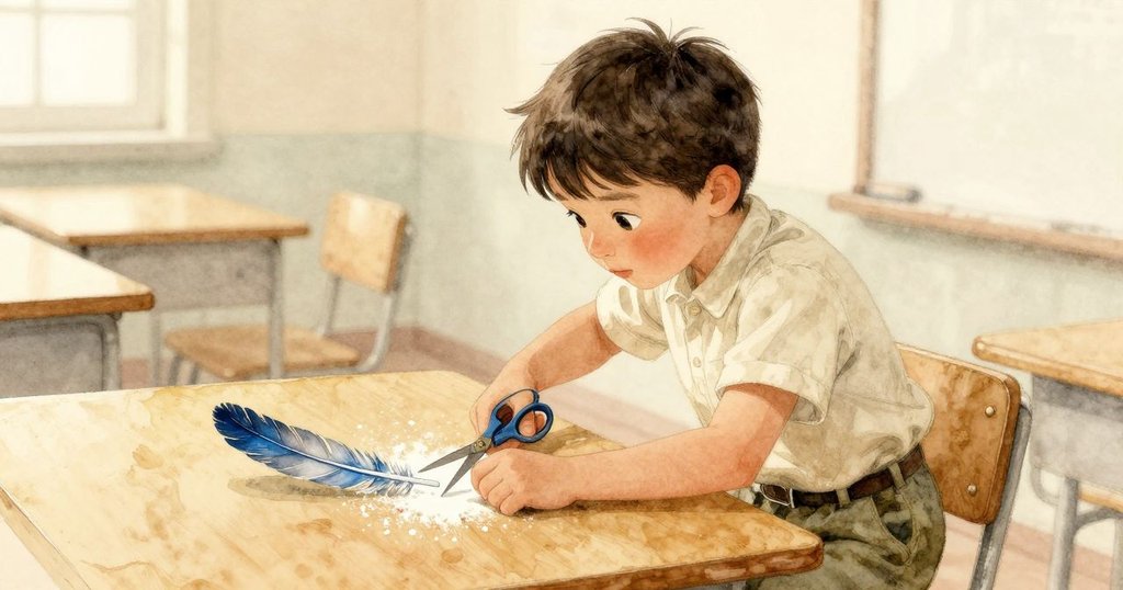 巴西爾巧妙地使用剪刀與粉末創造細縫, 藍羽毛隨之緩緩上升, 畫面溫馨且專注