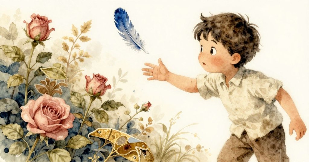 藍羽毛輕盈飄向展示野生動物圖像的書頁, 巴西爾伸手迎接, 動態中洋溢活力