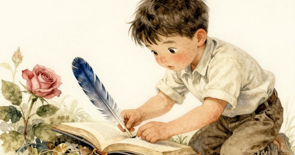 巴西爾輕放藍羽毛於展現野生動物的書上, 玻璃水珠靜落, 小瓢蟲悄然停駐, 氣氛平和圓滿