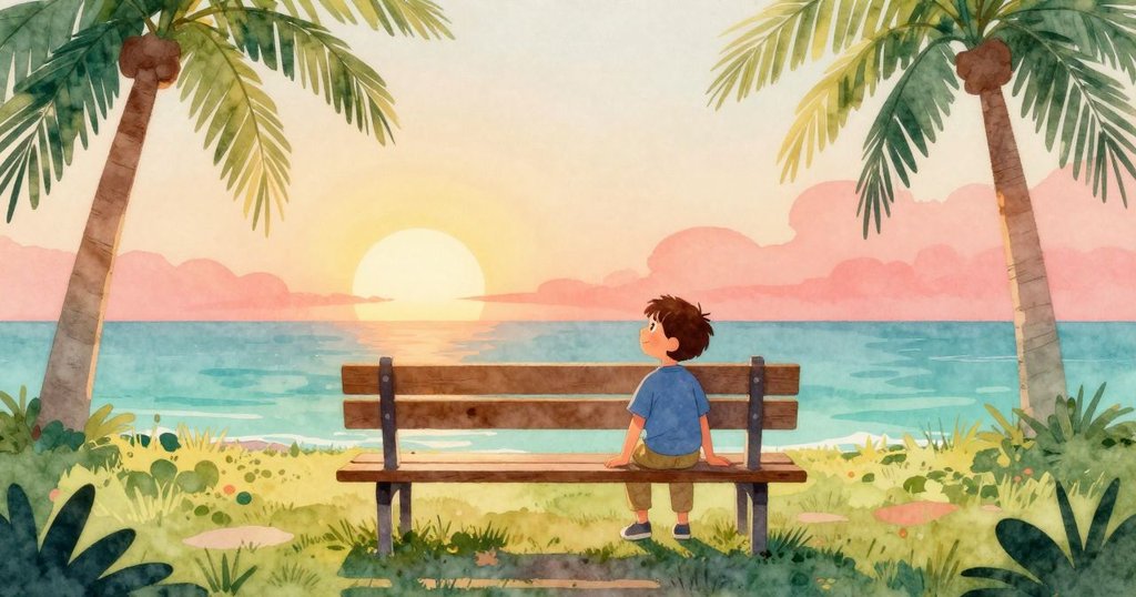 小孩坐在公園的木製長椅上，背影被晨光映照，露珠在陽光中閃閃發光，呈現安靜與期待的情緒。