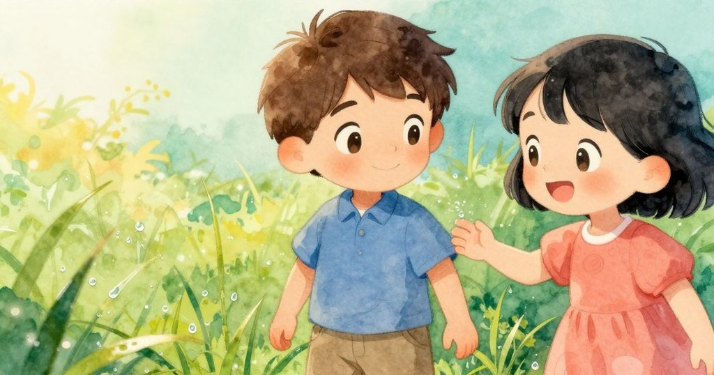 小孩輕觸草葉上閃耀的露珠，手部特寫展現細膩感受，露珠反射出柔和光芒，充滿驚奇與喜悅。