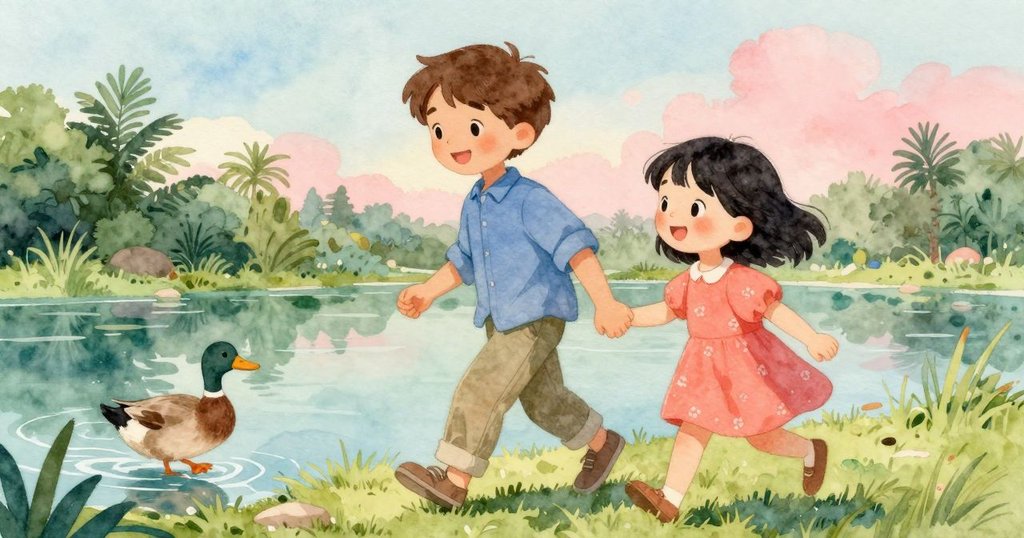 棕色鴨子自信地沿著池邊行走，從低角度看見水面反射出柔和光芒，展示自然節奏與活力。