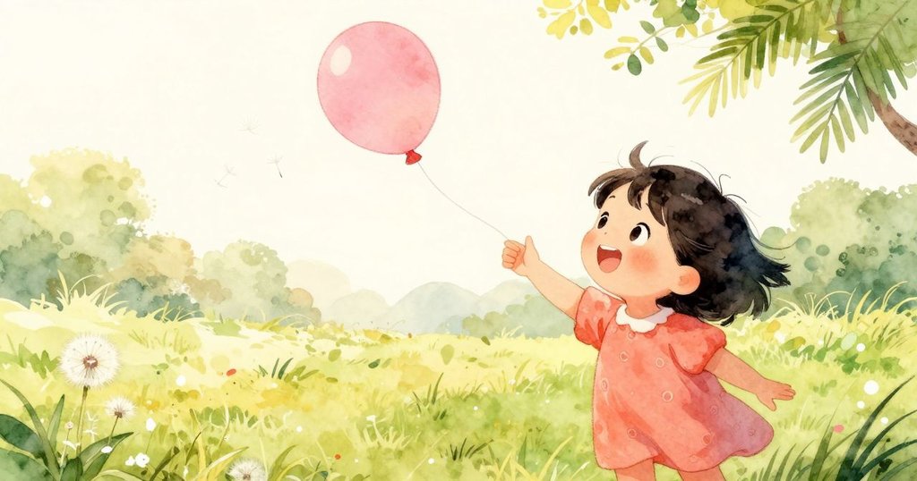 在春日公園中，小孩伸手欲抓飛舞的蒲公英種子，旁邊安靜躺著一個遺失的派對氣球，充滿探索與驚奇。
