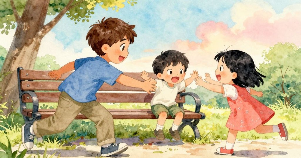 兩個小孩在公園長椅邊熱情打招呼，動作活潑，互動中流露出快樂和興奮，背景映著閃爍的池水。