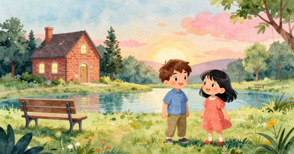 在夕陽柔和光輝中，公園全景展現出磚房與小教堂的魅力，長椅和池塘安靜寧和，傳達出夜幕前的平靜與溫暖。