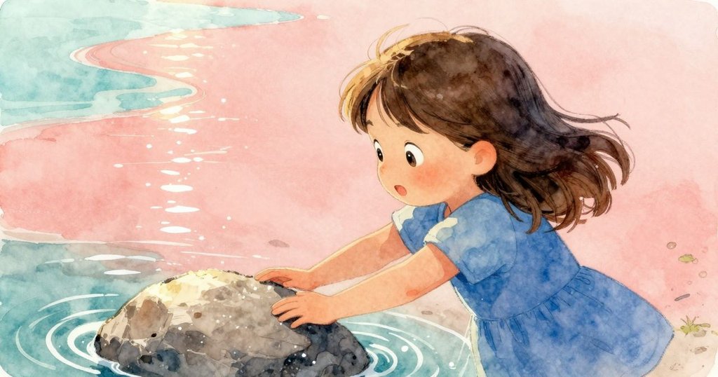 Ingrid 輕觸光滑石, 臉上展露驚喜, 水面波光粼粼, 特寫捕捉情感變化。